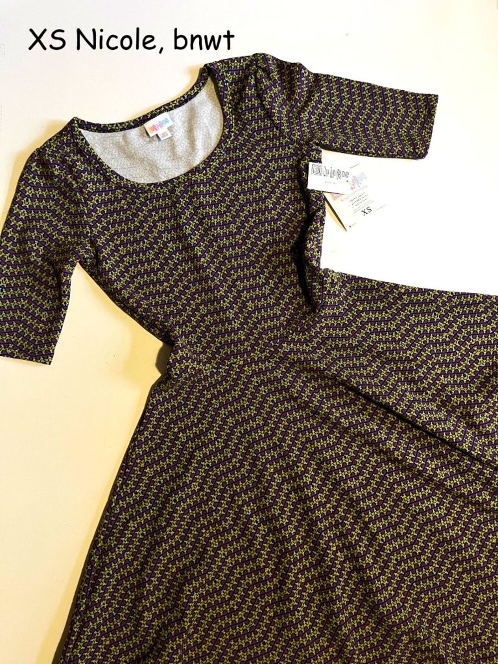 XS Lularoe Nicole fit and flare dress, purple and green zigzags, thicker fabric